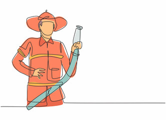Poster - Continuous one line drawing of young male firefighter holding water nozzle. Professional job profession minimalist concept. Single line draw design vector graphic illustration