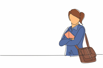 Poster - Single one line drawing of young postwoman holding letter and pose cross arms. Professional work profession and occupation minimal concept. Continuous line draw design graphic vector illustration