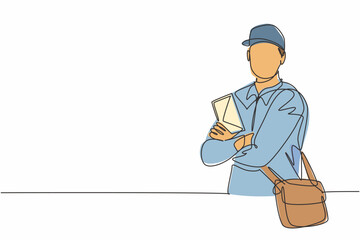 Poster - Single continuous line drawing of young postman cross arm on chest and holding envelope letters. Professional work job occupation. Minimalism concept one line draw graphic design vector illustration