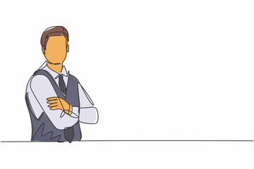 Poster - Continuous one line drawing of young handsome male flight attendant posing cross arm on chest. Professional job profession minimalist concept. Single line draw design vector graphic illustration