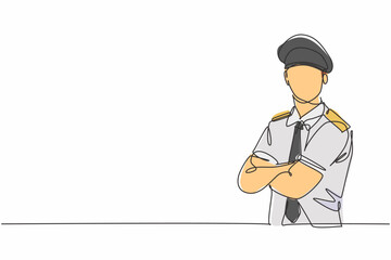 Poster - Single continuous line drawing of young male pilot posing cross his arm on chest before flight. Professional work job occupation. Minimalism concept one line draw graphic design vector illustration