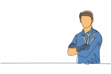 Poster - single one line drawing of young male mechanic posing cross arm on chest. professional work professi