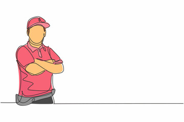 Poster - Continuous one line drawing of young delivery man with uniform posing cross his hands on chest. Professional job profession minimalist concept. Single line draw design vector graphic illustration