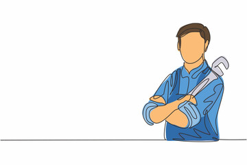 Poster - Continuous one line drawing of young male plumber cross his arm on chest while holding pipe wrench. Professional job profession minimalist concept. Single line draw design vector graphic illustration
