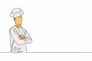 Poster - Continuous one line drawing young male chef pose cross his arms on chest before cooking at kitchen. Professional job profession minimalist concept. Single line draw design vector graphic illustration