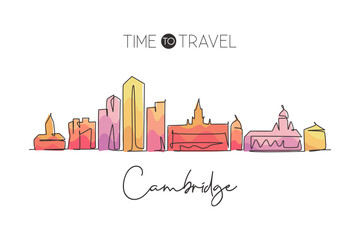 Poster - One single line drawing Cambridge city skyline Massachusetts. World historical town landscape postcard. Best holiday destination. Editable stroke trendy continuous line draw design vector illustration
