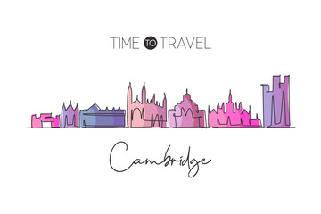 Wall Mural - One continuous line drawing of Cambridge city skyline, England. Beautiful landmark. World landscape tourism travel home wall decor poster print. Stylish single line draw design vector illustration