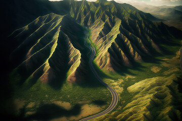 Poster - Aerial image of the Hawaiin mountains and the Oahu highway. Highway to Heaven. Generative AI