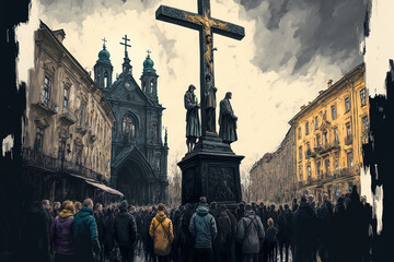 Wall Mural - April 6, 2018, in Lviv, Ukraine, a procession carries a huge cross as the people approach to the temple. Generative AI