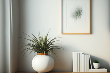 An beautiful air plant, a wooden shelf, a white mock up poster frame, and a vase with flowers can be seen in this stylish Korean living room. minimalist design idea for the home. Template. Luminous ro