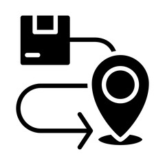 Sticker - Delivery route black glyph icon. Parcel transportation. Logistics and shipping services. Navigation. Silhouette symbol on white space. Solid pictogram. Vector isolated illustration