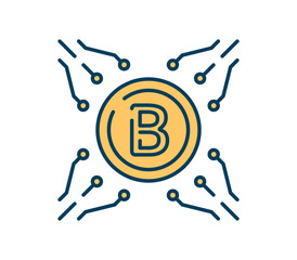 Poster - blockchain technology icon. golden coin with structures and diagrams. cyberspace and digital world. 