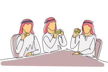 Poster - single one line drawing young arabian men together. friends eating fast food meal in restaurant. peo