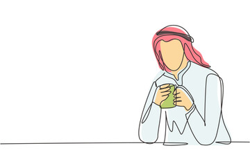 Poster - Single continuous line drawing young Arabian man sitting and holding a cup of coffee in one hand. Enjoy morning before work at office. Success person. One line draw graphic design vector illustration