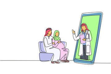 Poster - Continuous one line drawing Arab male doctor comes out from smartphone screen facing patient and gives consultation to patient young couple with pregnant wife. Single line draw design vector graphic
