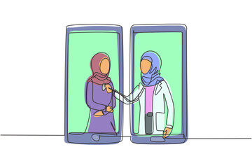 Poster - Single continuous line drawing two smartphones facing each other with hijab female doctor checking heart rate of female patient using stethoscope. One line draw graphic design vector illustration