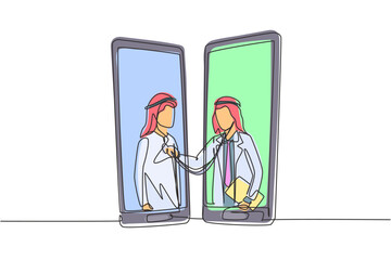 Poster - Single one line drawing two smartphones facing each other with Arabian male doctor checking heart rate of male patient using stethoscope. Modern continuous line draw design graphic vector illustration
