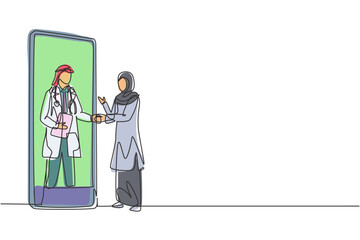 Poster - Single continuous line drawing hijab female patient shaking hands with male doctor in smartphone holding clipboard. Online medical concept. Dynamic one line draw graphic design vector illustration