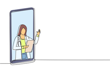 Poster - single one line drawing female doctor comes out of smartphone screen holding clipboard. online medic