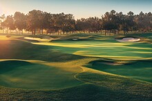 Beautiful Golf Course At Sunset Or Sunrise, Generative Ai