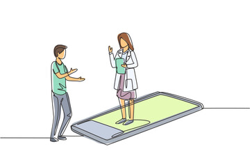Poster - single continuous line drawing female doctor standing on smartphone, in front of her standing male p