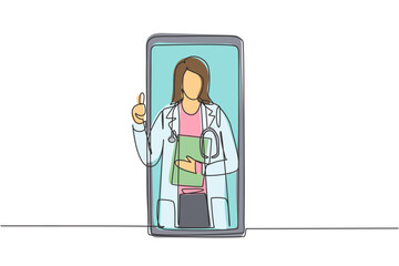 Poster - Single continuous line drawing two smartphones face to face and contain hijab female patient and hijab female doctor with their bodies as if coming out of a smartphone. One line draw graphic design