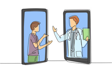 Poster - Single continuous line drawing two smartphones face to face and contain Arab male patient and hijab female doctor with their bodies as if coming out of smartphone. Dynamic one line draw graphic design