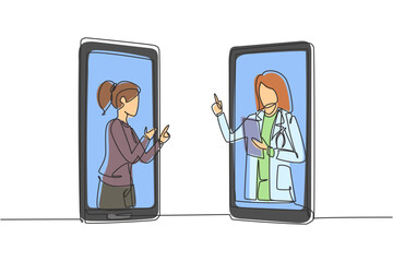 Poster - single one line drawing arabian male doctor comes out of smartphone screen while explaining infectio