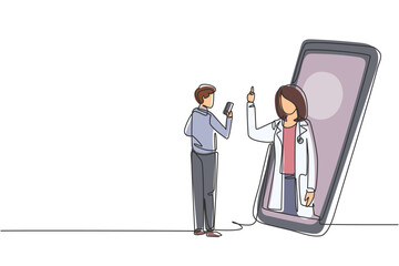 Wall Mural - Continuous one line drawing male patient holding smartphone standing facing giant smartphone and consulting female doctor. Doctor online concept. Single line draw design vector graphic illustration