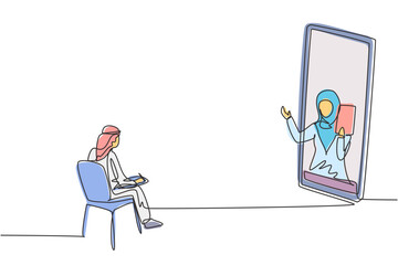 Poster - Continuous one line drawing Arabian male student sitting studying staring at monitor screen and inside laptop there is hijab female lecturer who is teaching. Single design vector graphic illustration