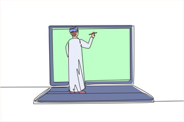 Poster - Single continuous line drawing hijab female patient shaking hands with male doctor in smartphone holding clipboard. Online medical concept. Dynamic one line draw graphic design vector illustration