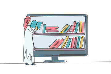 Poster - continuous one line drawing arab male college student reading book while standing in front of monito