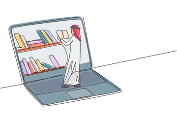 Poster - single continuous line drawing young arab male college student reading book while standing in front 