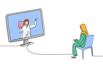 Wall Mural - Continuous one line drawing hijab female student sitting studying staring at monitor screen and inside laptop there is male Arabian lecturer who is teaching. Single design vector graphic illustration