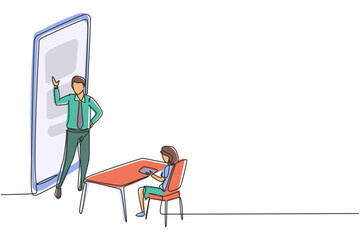 Poster - Single one line drawing male teacher standing in front of smartphone and teaching female junior high school students sitting on benches around desk. Continuous line draw design vector illustration