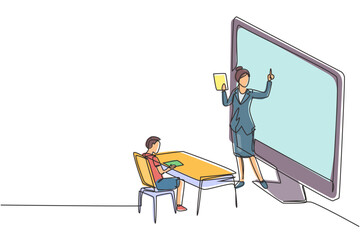 Poster - continuous one line drawing female teacher standing in front of monitor screen holding book and teac