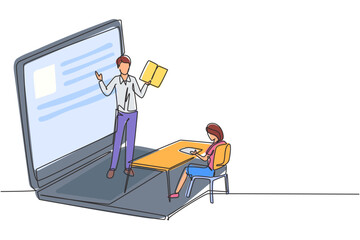 Poster - single one line drawing male teacher standing in front of laptop screen holding book and teaching fe