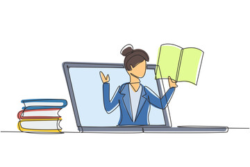 Poster - Continuous one line drawing female teacher is teaching, half of her body is out of laptop screen and beside her is pile of books. internet class. Single line draw design vector graphic illustration