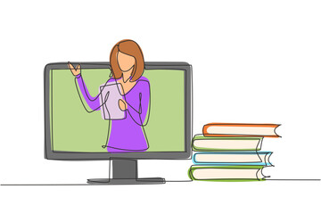 Poster - Single continuous line drawing female teacher is teaching, half of her body is out of laptop screen and beside her is pile of books. internet class. One line draw graphic design vector illustration