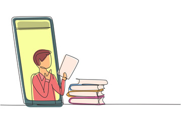 Poster - Continuous one line drawing male teacher is teaching, half of his body is out of smartphone screen and beside him is pile of books. internet class. Single line draw design vector graphic illustration