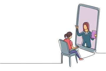 Poster - continuous one line drawing female student sitting studying staring at smartphone screen and inside 