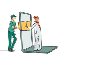 Poster - Single continuous line drawing male courier delivers box package, through laptop screen to Arab male customer. Online delivery service concept. Dynamic one line draw graphic design vector illustration