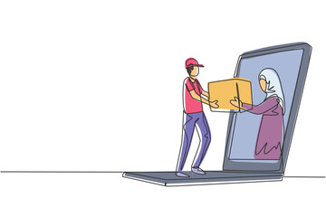 Poster - single continuous line drawing arabian female customer receives boxed package, through laptop screen