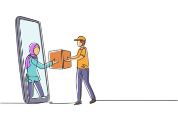 Poster - Single continuous line drawing Arabian female customer receives boxed package, through smartphone screen from courier. Online delivery service. Dynamic one line draw graphic design vector illustration