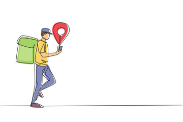 Poster - Continuous one line drawing male courier walking while looking smartphone and there is gps pin coming out of smartphone. Online delivery service. Single line draw design vector graphic illustration