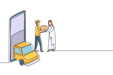 Poster - Single one line drawing delivery box car comes out partly from smartphone screen and courier gives package box to Arabian male customer. Modern continuous line draw design graphic vector illustration