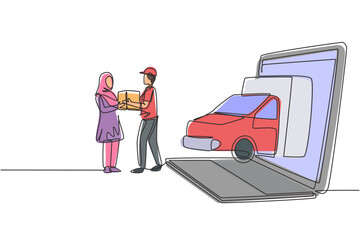 Poster - Single continuous line drawing delivery box car comes out partly from laptop screen and courier gives package box to hijab female customer. Dynamic one line draw graphic design vector illustration