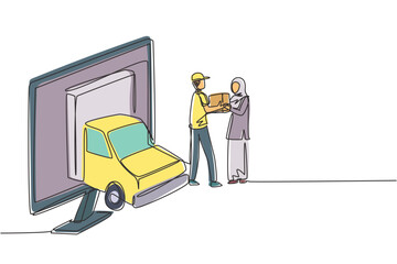 Poster - Single one line drawing delivery box car comes out partly from monitor screen and courier gives package box to hijab female customer. Modern continuous line draw design graphic vector illustration