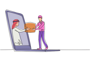 Poster - Single one line drawing Arabian male customer receives boxed package, through laptop screen from male courier. Online delivery service. Modern continuous line draw design graphic vector illustration