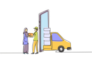 Poster - Continuous one line drawing delivery box car comes out partly from laptop screen and male courier gives package box to hijab female customer. Single line draw design vector graphic illustration